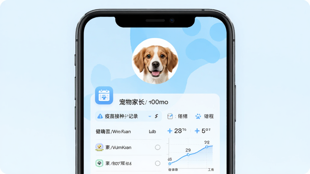 宠物家长应用健康档案界面展示,手机屏幕中央显示宠物头像和疫苗接种记录表格,背景为浅蓝色渐变,风格简约清新,细节包括日历图标和体重曲线图,画质清晰,干净无多余元素
