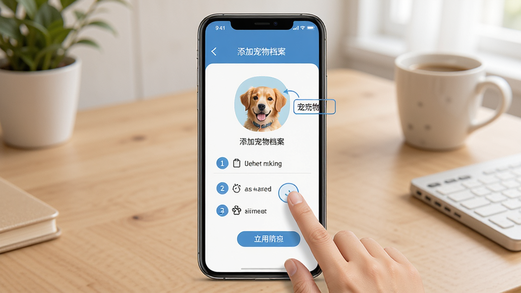 宠物家长应用使用教程示意图,手机屏幕显示添加宠物档案步骤,背景为桌面环境,风格教程图解,细节包括手指点击图标和步骤编号,画质高清,干净无多余元素