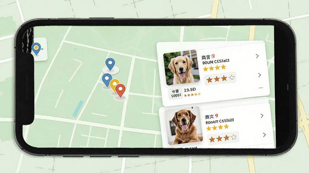 宠物家长附近服务地图界面,手机屏幕显示地图标记和商家列表卡片,背景为浅绿色地图底图,风格实用工具风,细节包括定位图标和星级评分,画质高清,干净无多余元素