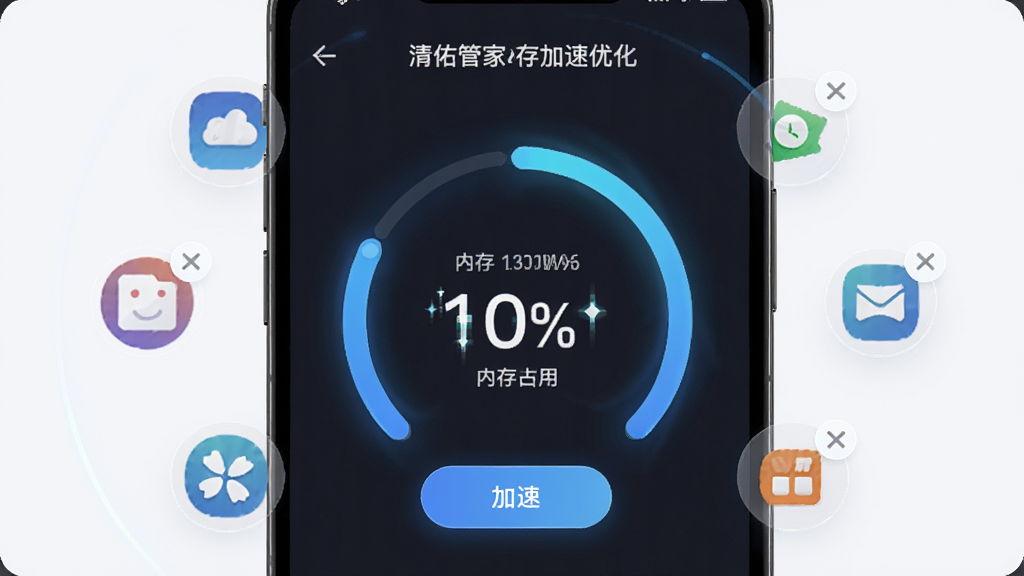 清佑管家内存加速优化界面,主体为手机屏幕显示内存占用百分比与加速按钮,布局为环形进度条居中,周围环绕可关闭的后台应用图标,风格现代简约,细节包含数字跳动效果与光晕,画质清晰干净,无多余元素
