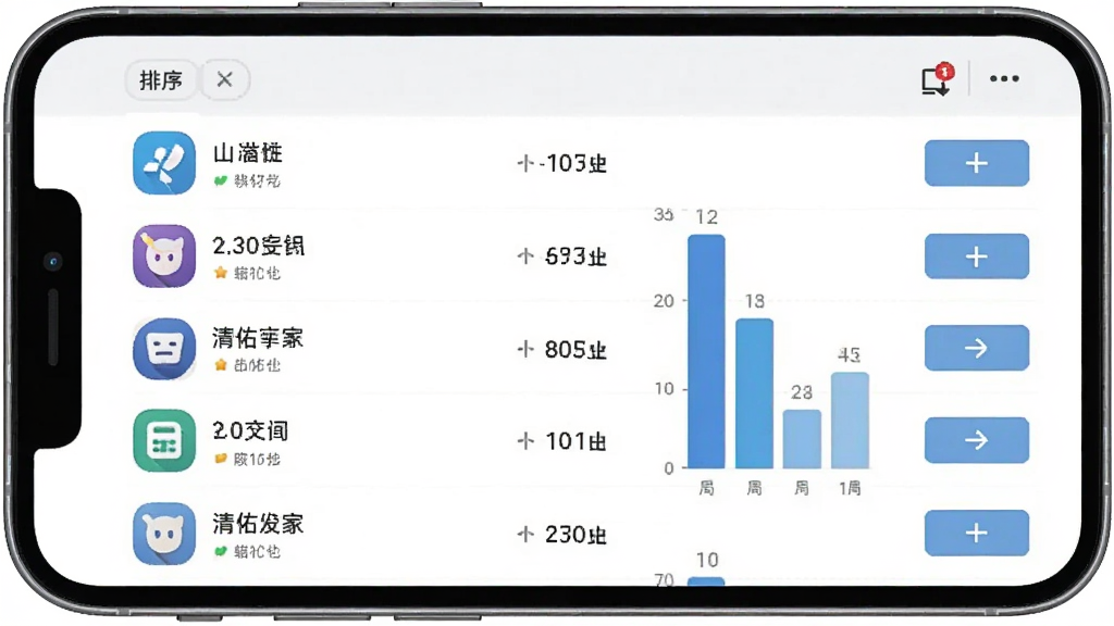 清佑管家应用管理功能界面,主体为手机屏幕中显示应用列表与占用空间条形图,布局为列表式排列,每行包含应用图标、名称与大小,风格扁平化设计,细节包含排序标签与操作按钮,画质清晰干净,无多余元素