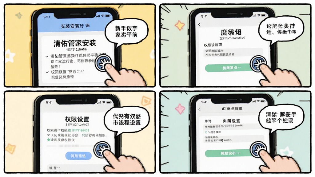 清佑管家新手操作流程图解,主体为手机屏幕中显示安装步骤与权限设置界面,布局为分格漫画形式,包含四个操作场景,风格轻松明快,细节包含手指点击图标与提示气泡,画质清晰干净,无多余元素