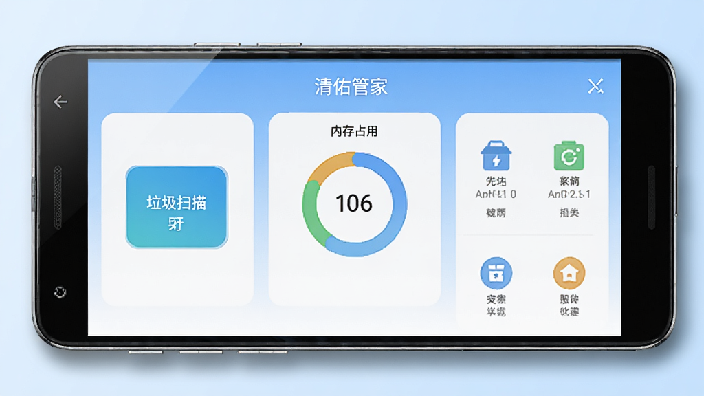 清佑管家手机清理软件界面展示,主体为一部安卓手机屏幕,屏幕中显示清佑管家的主界面,包含垃圾扫描按钮、内存占用环形图与功能图标,布局居中对齐,背景为浅蓝色渐变,风格简洁清爽,细节包含手机边框反光与界面阴影,画质清晰干净,无多余元素