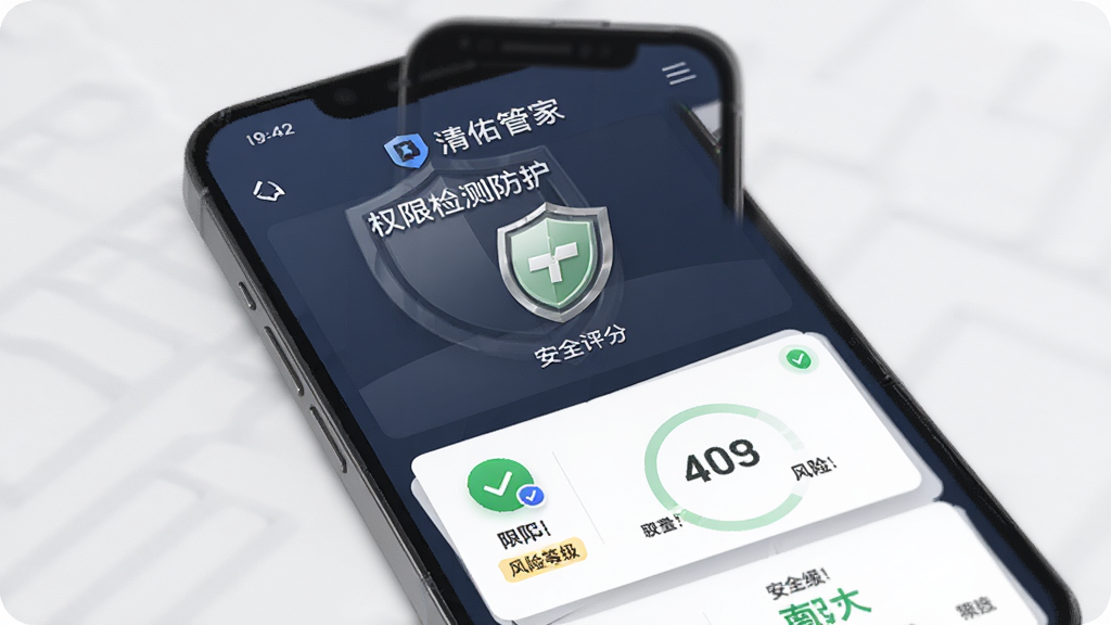 清佑管家隐私安全防护界面,主体为手机屏幕显示权限检测报告与安全评分,布局为卡片式排列,包含权限图标与风险等级标注,风格稳重专业,细节包含盾牌图形与绿色安全标识,画质清晰干净,无多余元素