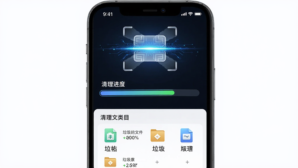 清佑管家一键深度清理功能展示,主体为手机屏幕中显示清理进度条与垃圾文件分类列表,布局为上下结构,上方为扫描动画,下方为可清理项目,风格科技感十足,细节包含文件图标与大小标注,画质清晰干净,无多余元素