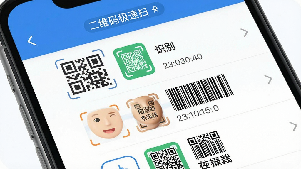 一张展示“微二维码极速扫”软件识别多种条码类型的图片,主体为手机屏幕同时显示二维码、条形码和Data Matrix码的识别结果列表,布局为手机屏幕特写,风格为信息图表式UI,细节包括不同码型的图标区分、识别时间戳,画质高清,干净,无多余元素