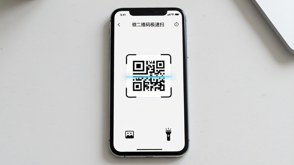 一张展示“微二维码极速扫”软件主界面无广告的图片,主体为手机屏幕显示干净的扫描界面,布局为手机正面平放,风格为极简清新风,细节包括空白区域留白、底部仅有相册和手电筒图标,画质高清,干净,无多余元素