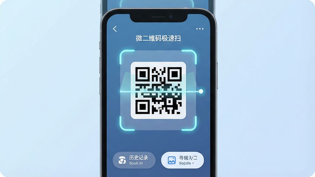 一张展示智能手机屏幕的图片,屏幕中央显示“微二维码极速扫”软件界面,界面顶部有扫描框,中间有二维码图案正在被识别,底部有历史记录和相册导入按钮,背景为浅蓝色渐变,整体布局简洁清晰,风格为现代扁平化UI设计,细节包括扫描光线动画、图标圆角处理,画质高清,干净,无多余元素