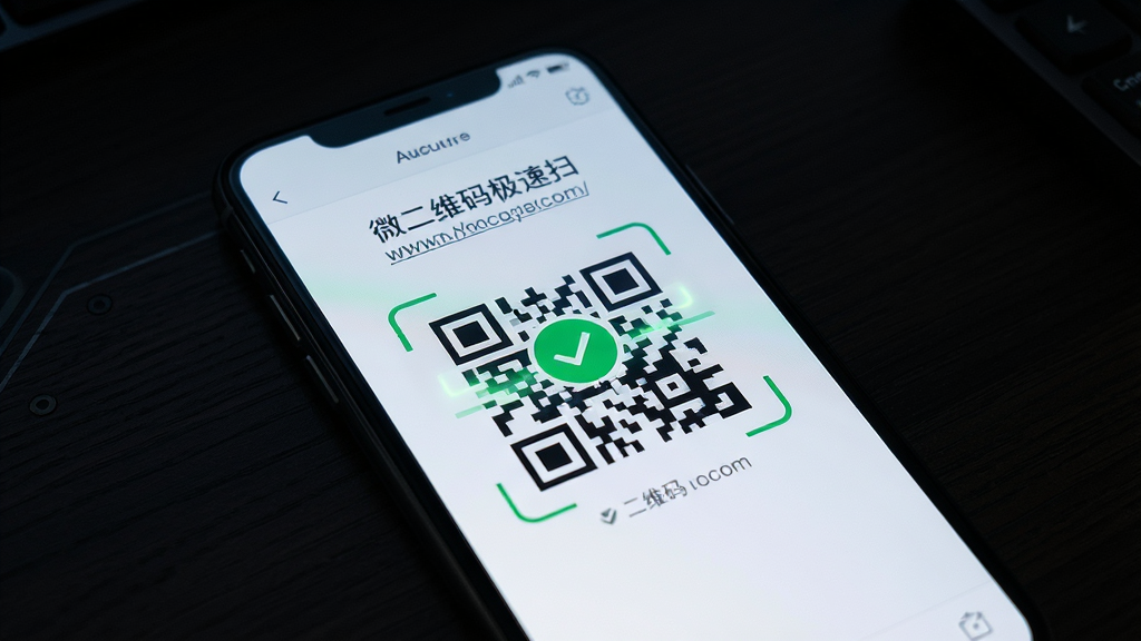 一张展示“微二维码极速扫”软件在弱光环境下识别二维码的图片,主体为手机屏幕显示扫描成功界面,屏幕上有绿色对勾和识别出的网址链接,布局为手机居中放置于深色桌面,风格为写实科技感,细节包括屏幕发出的微光、二维码图案清晰可见,画质高清,干净,无多余元素