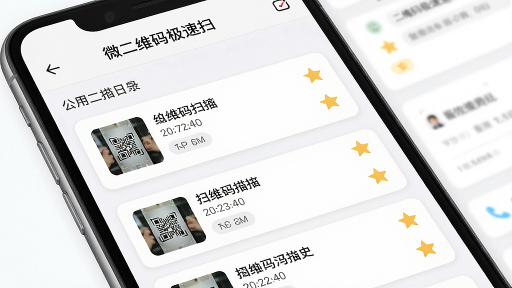 一张展示“微二维码极速扫”软件历史记录页面的图片,主体为手机屏幕显示按日期分组的历史扫描列表,布局为列表式排版,风格为卡片式UI设计,细节包括每条记录有缩略图、时间标签和收藏星标,画质高清,干净,无多余元素