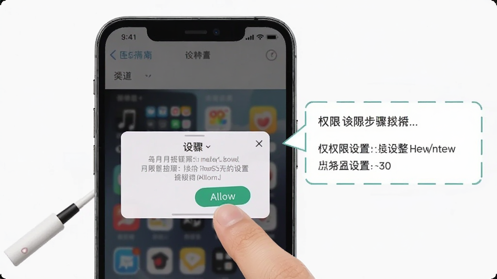 月月放大镜在手机上运行,旁边有提示框显示权限设置步骤,背景是手机设置界面,主体是手机和权限弹窗,布局上下结构,排版清晰,风格教程类,细节包括手指点击允许按钮,画质干净,无多余元素