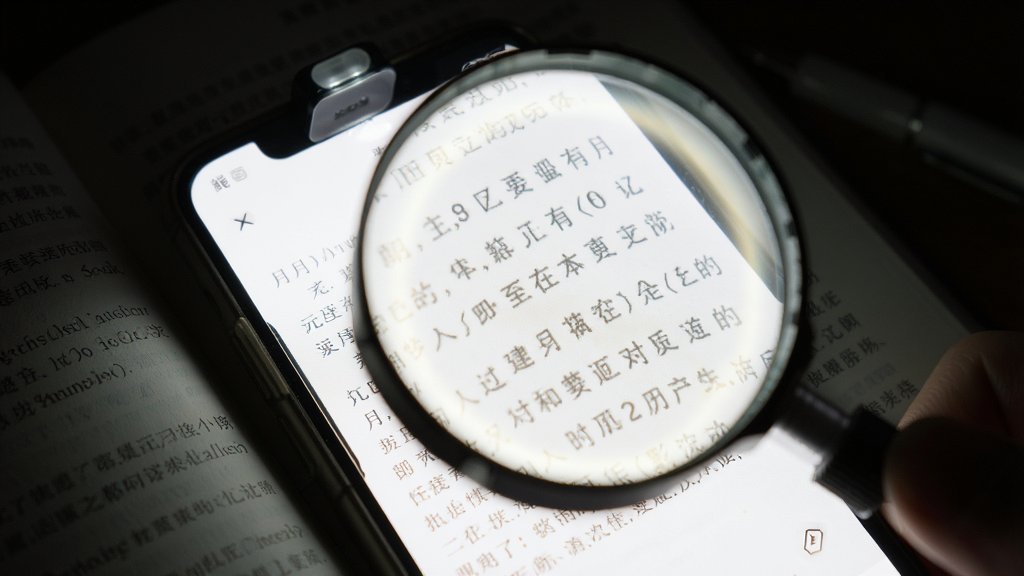 月月放大镜在昏暗环境下开启补光灯查看书本小字,屏幕显示明亮的光斑和放大的文字,主体是手机和书本,布局采用特写镜头,排版突出光线效果,风格生活化,细节包括文字边缘和光晕,画质高清,干净,无多余元素