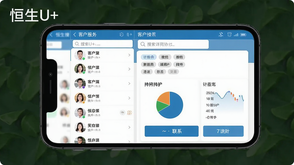 恒生U+客户管理与服务协同界面,主体为手机屏幕展示客户列表与详情页,布局为左侧客户头像列表、右侧信息卡片,风格为商务简洁风,细节包括搜索框、标签分类、持仓饼图、联系按钮,画质高清,干净,无多余元素,画面中打文字“恒生U+”