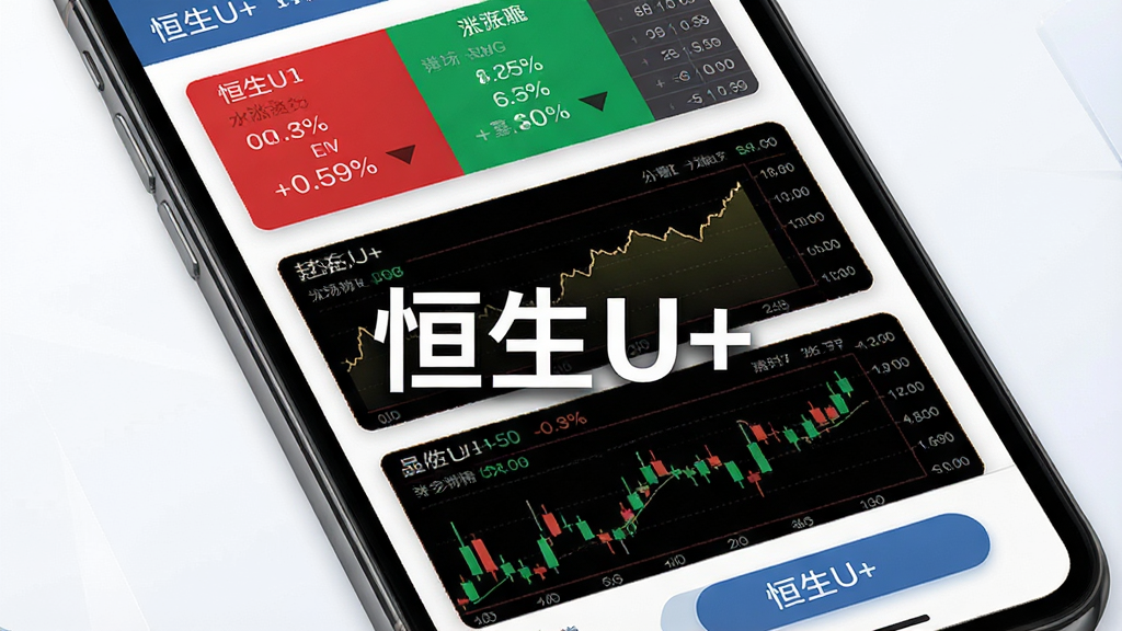恒生U+多市场行情功能展示图,主体为手机屏幕特写,屏幕上显示多个市场行情卡片,包含股票代码、涨跌幅、分时图与K线图,布局为纵向列表排列,风格为专业金融数据可视化,细节包括红绿涨跌色块、数据表格、触控按钮,画质高清,干净,无多余元素,画面中打文字“恒生U+”