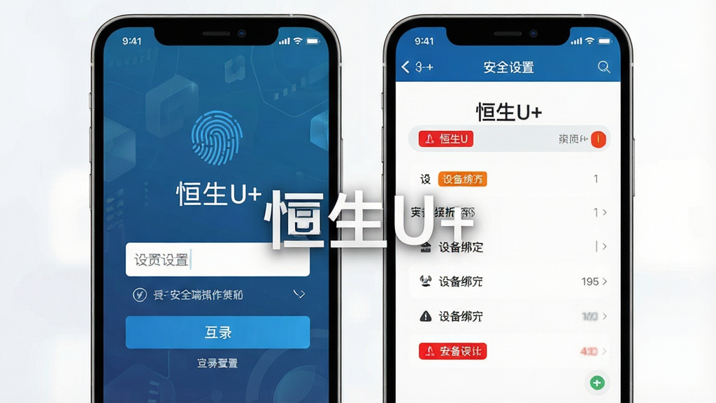 恒生U+移动端操作界面截图,主体为手机屏幕展示登录页与安全设置页,布局为上下排列,风格为金融安全科技风,细节包括指纹识别图标、密码输入框、设备绑定列表、红色警示标签,画质高清,干净,无多余元素,画面中打文字“恒生U+”