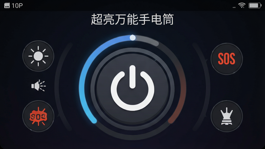 超亮万能手电筒软件主界面截图,画面中央展示一个巨大的圆形电源开关按钮,背景为深色渐变,按钮周围环绕着亮度调节滑块与SOS闪烁、爆闪模式图标,顶部显示软件名称“超亮万能手电筒”,整体布局简洁直观,风格为现代扁平化科技感,细节包含手机状态栏电量与信号图标,画质清晰干净,无多余元素,1080P分辨率