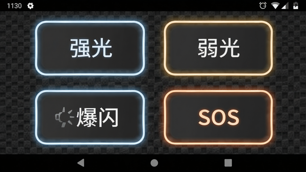 超亮万能手电筒多功能模式界面展示图,画面中安卓手机屏幕显示四个大方块功能按钮,分别标注“强光”“弱光”“爆闪”“SOS”,按钮为圆角矩形并带有发光边框,背景为深灰色网格纹理,布局为2x2网格排列,风格为现代UI设计,细节包含顶部状态栏与底部导航栏,画质清晰,干净整洁,无多余装饰元素