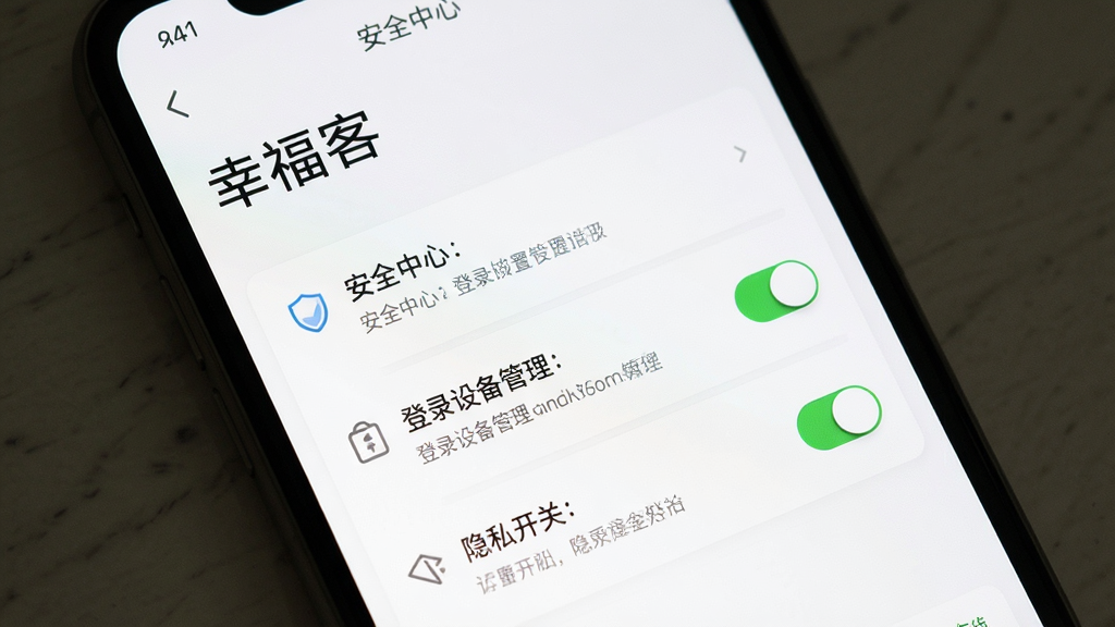 一张展示“幸福客”账号安全设置页面的手机界面图,画面中央为手机屏幕,屏幕内呈现安全中心、登录设备管理、隐私开关等选项,背景为简洁白色,布局为列表式排版,风格为极简工具风,细节包含盾牌图标、开关控件与灰色说明文字,画质清晰,无多余元素