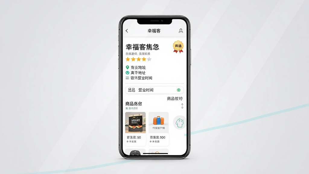 一张展示“幸福客”门店详情页面的手机界面图,画面中央为手机屏幕,屏幕内呈现门店名称、评分、地址、营业时间与商品列表,背景为浅灰色渐变,布局为居中展示,风格为清新商务风,细节包含标签徽章、分隔线与图标点缀,画质清晰,无多余元素