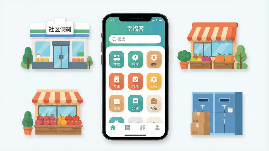 一张展示“幸福客”手机应用主界面的场景图,画面中央是一部竖屏智能手机,屏幕内呈现“幸福客”应用首页,包含顶部搜索栏、中部功能图标网格与底部导航菜单,手机周围环绕着社区便利店、水果店、快递柜等生活元素插画,整体布局为居中构图,风格为清爽扁平化插画,细节包含圆角图标、柔和阴影与浅色背景,画质清晰干净,无多余元素
