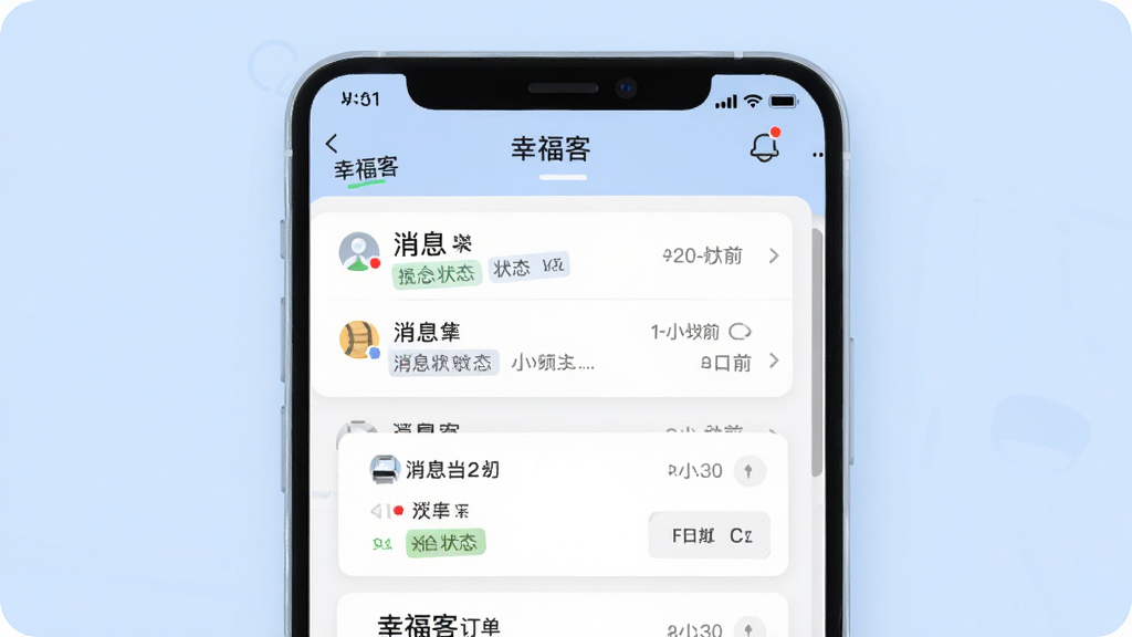 一张以“幸福客”消息通知与订单管理为主题的应用界面图,画面主体为手机屏幕,屏幕内展示消息列表与订单卡片,背景为柔和浅蓝色,布局为上下结构排版,风格为轻量扁平化设计,细节包含未读红点、时间戳与状态标签,画质干净清晰,无多余元素