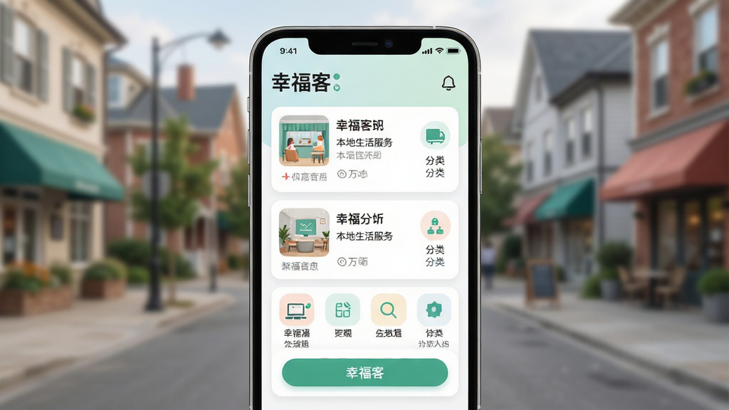 一张以“幸福客”本地生活服务为主题的应用界面展示图,画面主体为手机屏幕特写,屏幕内展示门店列表与分类图标,背景为虚化的城市社区街景,布局采用左右分栏排版,风格为现代简约UI展示风,细节包含卡片式设计、圆角按钮与清晰文字层级,画质高清干净,无多余元素