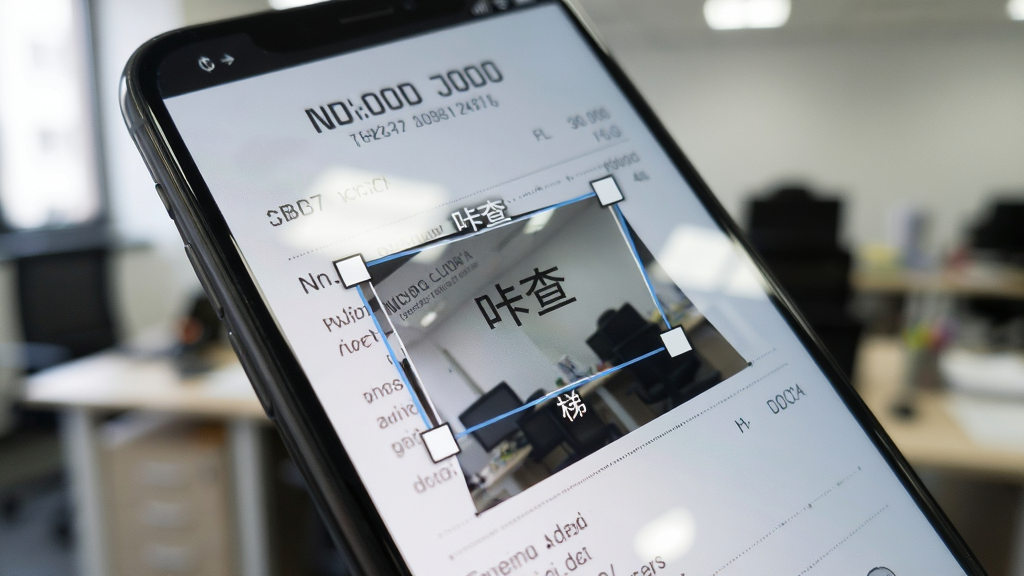 手机拍摄一张倾斜的发票,画面中“咔查”自动框选文字区域并进行梯形校正,背景为虚化的办公室环境,风格写实,细节包括光线反射和屏幕反光处理,画质高清,干净,无多余元素