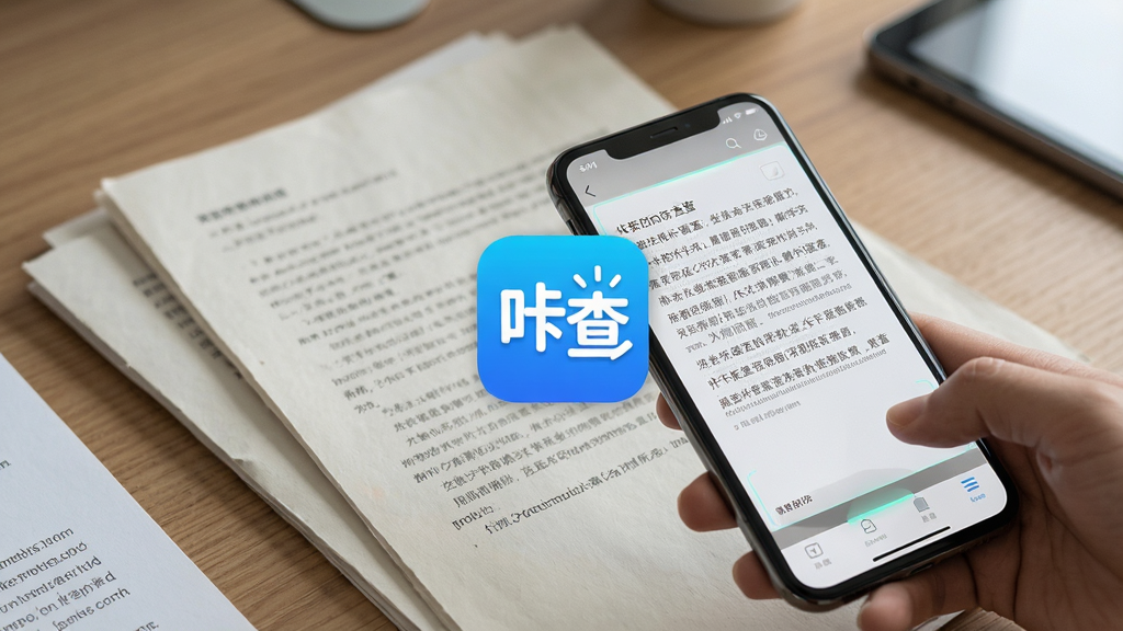 一张办公桌上散落着纸质文件,手机对准文件扫描,屏幕浮现出整齐的电子文字,画面中央带有“咔查”应用图标,风格商务简约,细节包括文件纹理和手机界面元素,画质清晰,干净,无多余元素