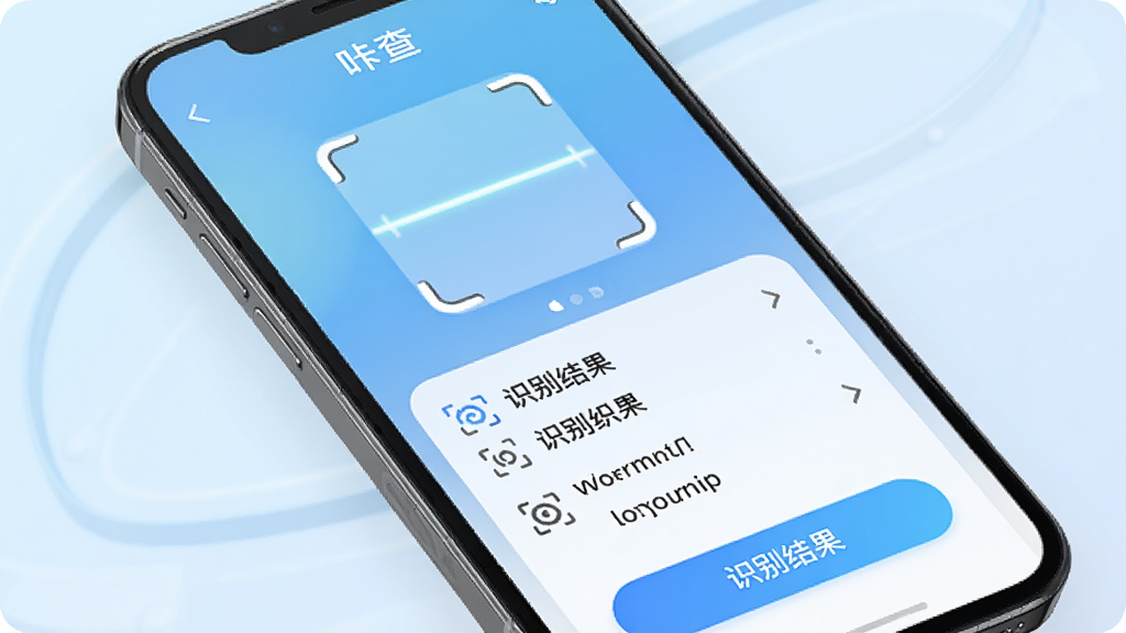 手机屏幕中央显示“咔查”应用界面,界面布局简洁,上方为扫描框,下方为识别结果文字列表,背景为浅蓝色渐变,风格现代科技感,细节包括清晰的文字识别图标和流畅的按钮设计,画质高清,干净,无多余元素