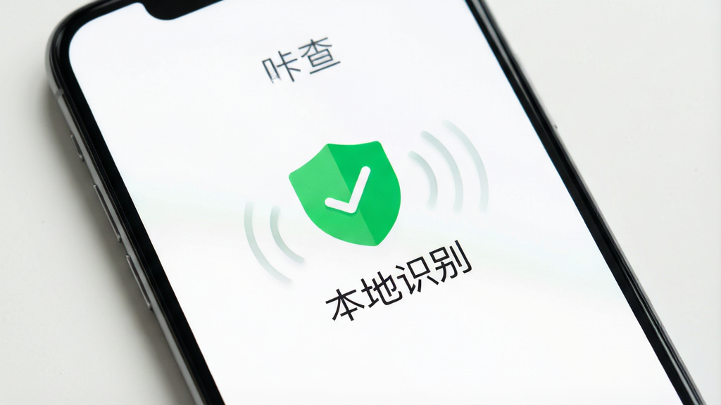 手机屏幕显示“咔查”主界面,界面干净无广告,背景为纯白色,中央有绿色的安全盾牌图标和“本地识别”字样,风格极简,细节包括清晰的文字和柔和的阴影,画质高清,干净,无多余元素