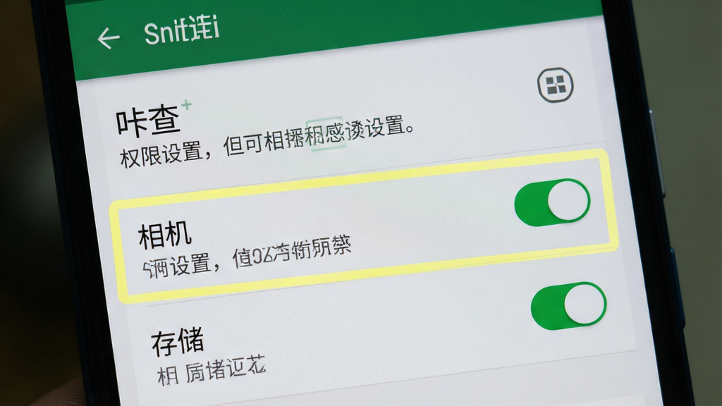手机屏幕显示“咔查”权限设置界面,高亮标注“相机”和“存储”权限开关,背景为安卓系统设置页,风格写实,细节包括清晰的文字说明和绿色开启状态,画质高清,干净,无多余元素