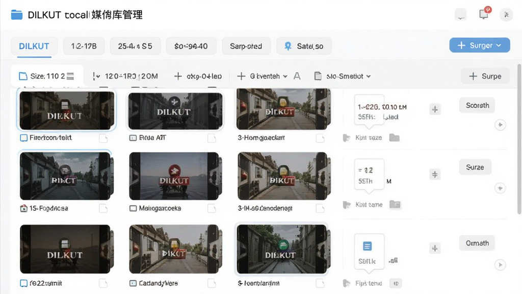 DILKUT本地媒体库管理界面,主体为文件分类标签与媒体文件列表,布局为上下结构,排版清晰,风格为轻量化设计,细节包含文件大小、时长信息与排序按钮,画质清晰,画面干净,无多余元素