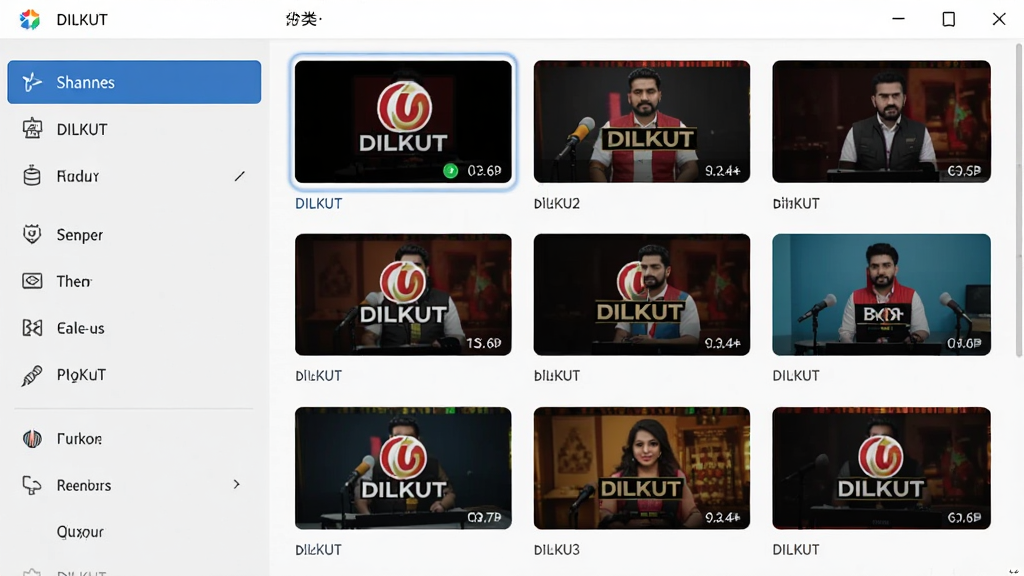 DILKUT直播频道列表界面,主体为软件中的频道分类菜单与频道缩略图,布局为左侧分类右侧列表的经典结构,排版层次分明,风格为简洁实用型,细节包含频道台标与当前播放高亮状态,画质高清,画面干净,无多余元素
