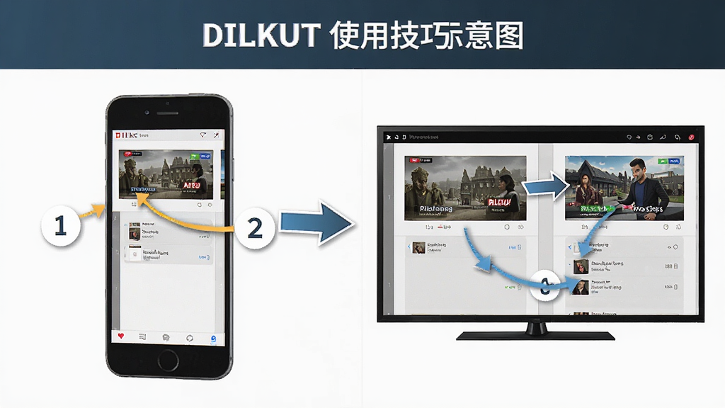 DILKUT使用技巧示意图,主体为手机与电视双屏展示软件操作步骤,布局为左右对比结构,排版直观,风格为教程图解风格,细节包含步骤编号与操作箭头,画质清晰,画面干净,无多余元素