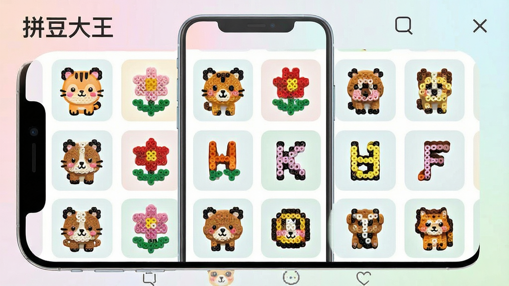一张拼豆大王模板库界面展示图,画面中手机屏幕显示网格状排列的拼豆模板缩略图,包含卡通动物、花朵、字母等图案,背景是柔和的浅色渐变,风格清新可爱,排版整齐,画质清晰,干净无多余元素,图片中文字标注“拼豆大王”