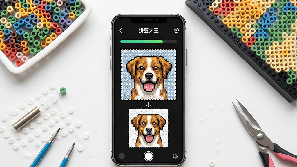 一张拼豆大王软件功能展示图,画面中一部手机正在将一张宠物照片转换为像素拼豆图纸,手机屏幕显示转换进度条和预览效果,周围环绕着彩色拼豆和拼豆板,风格科技感与手工感结合,排版居中,画质清晰,干净无多余元素,图片中文字标注“拼豆大王”