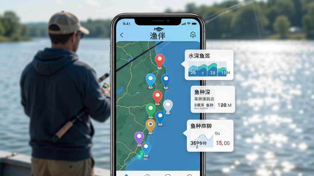 一张以“渔伴”APP为主角的手机界面展示图,手机屏幕显示钓点地图,地图上标注多个彩色图钉代表不同钓点,旁边浮现水深、鱼种等小卡片信息,背景是虚化的户外钓鱼场景,有钓友背影和波光粼粼的水面,画面采用主体+布局+排版+风格+细节+画质的结构,居中排版,写实科技风,细节清晰,画质高清,干净无多余元素