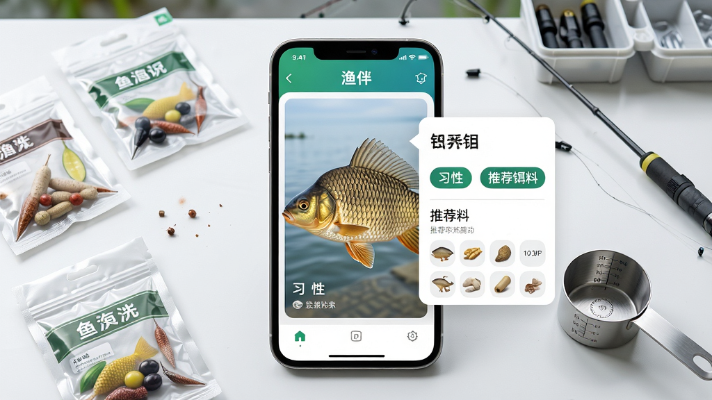 一张展示“渔伴”APP鱼种识别功能的说明图,手机屏幕中央是一条被识别出的鲫鱼图像,旁边弹出名称、习性标签和推荐饵料列表,手机周围散落着几种饵料袋和量杯,背景是干净的钓鱼工作台,画面结构为主体+布局+排版+风格+细节+画质,居中排版,简洁明亮风,细节清晰,画质高清,干净无多余元素