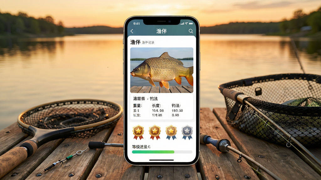 一幅展示“渔伴”APP渔获记录页面的手机截图风格图,手机屏幕显示一条大鲤鱼的照片和详细数据(重量、长度、钓法),下方排列着成就徽章和等级进度条,手机放置在一张木质钓台上,旁边有抄网和鱼护,背景是夕阳下的水库,画面为主角+布局+排版+风格+细节+画质结构,居中构图,温暖写实风,细节丰富,画质高清,干净无多余元素