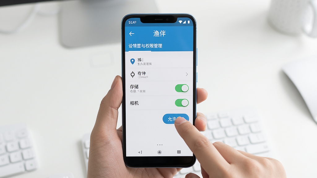 一部安卓手机屏幕显示“渔伴”APP的设置与权限管理界面,画面中有清晰的定位、存储、相机权限开关,旁边有一只手正在点击“允许”按钮,背景是简洁的桌面环境,画面结构为主体+布局+排版+风格+细节+画质,居中构图,明亮写实风,细节清晰,画质高清,干净无多余元素