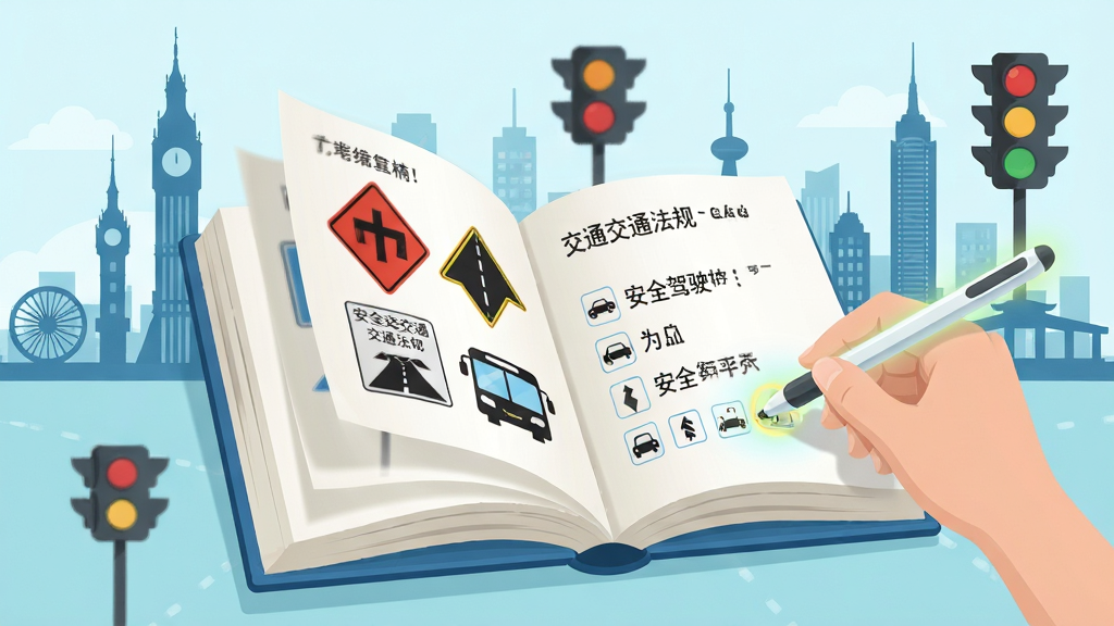 画面主体是一本翻开的电子题库书本,书页上浮现出交通法规、道路标志、安全驾驶等题目内容,书本右侧有一支发光的触控笔正在点击答案,书本周围环绕着城市地标剪影和交通信号灯图标,布局采用左右分栏构图,风格为清新教育插画风,细节上书页有轻微的翻页动态感,画质清晰干净,无多余元素