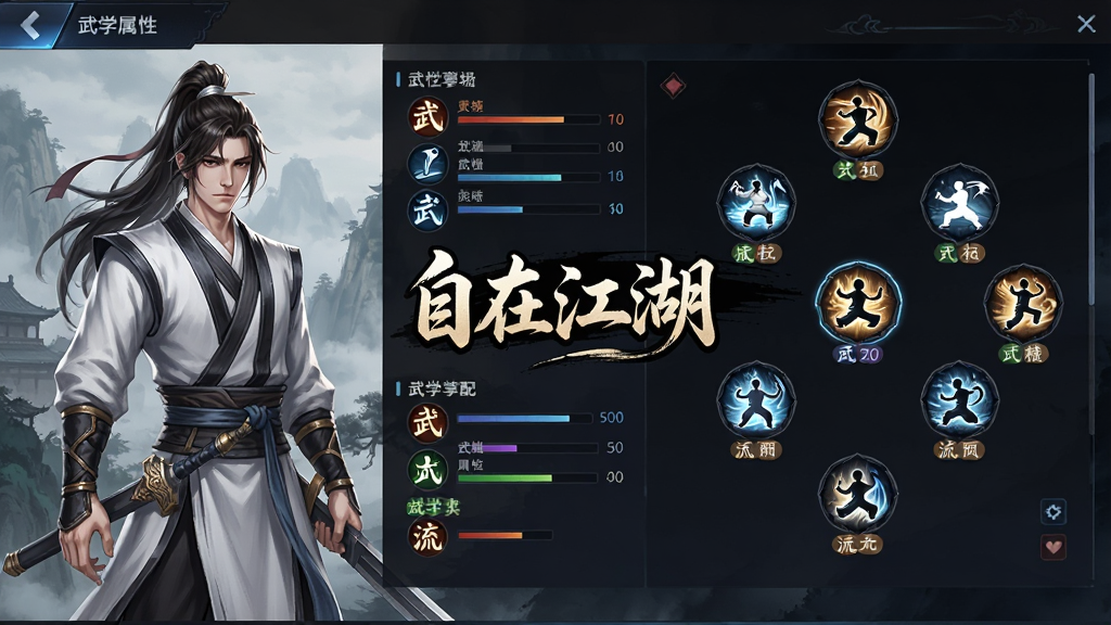 一幅游戏界面示意图,画面展示一个武侠角色的属性面板与武学搭配界面,左侧是角色立绘,右侧是多个武学图标排列成阵型,画面中央有