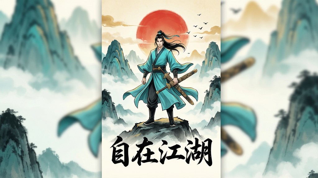 一幅竖版手机游戏宣传图,画面中央是一位身穿青衫的武侠人物站在山巅,背后是云雾缭绕的群山与一轮红日,画面下方用毛笔字体写着