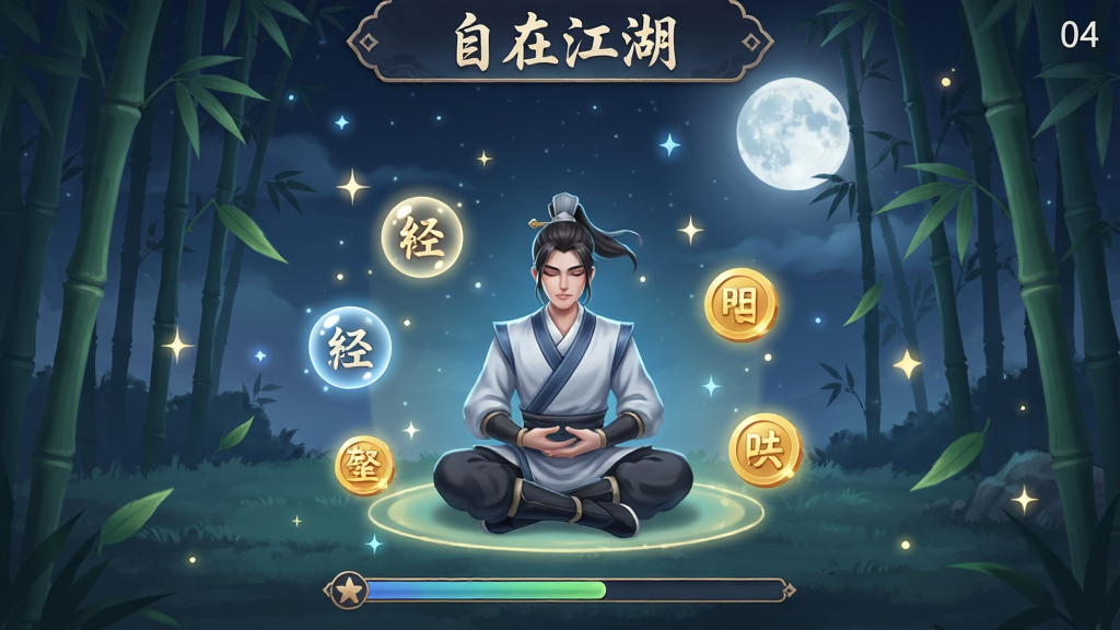 一幅手机游戏挂机界面截图风格图,画面中央是一个武侠角色在打坐修炼,周围环绕着发光的经验气泡与金币图标,背景是夜晚的竹林与明月,画面顶部有