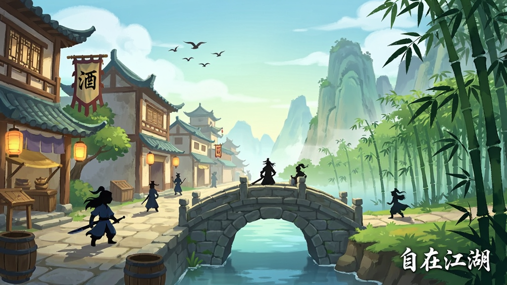 一幅横版游戏场景概念图,画面左侧是热闹的古代城镇街道,右侧是幽静的山谷竹林,中间由一条石桥连接,画面中散布着多位武侠人物剪影,天空有飞鸟掠过,整体风格为清新明快的国风卡通渲染,布局采用左右对比构图,细节包括灯笼、酒旗、竹叶、石阶,画质清晰,画面干净,无多余元素,画面中可出现