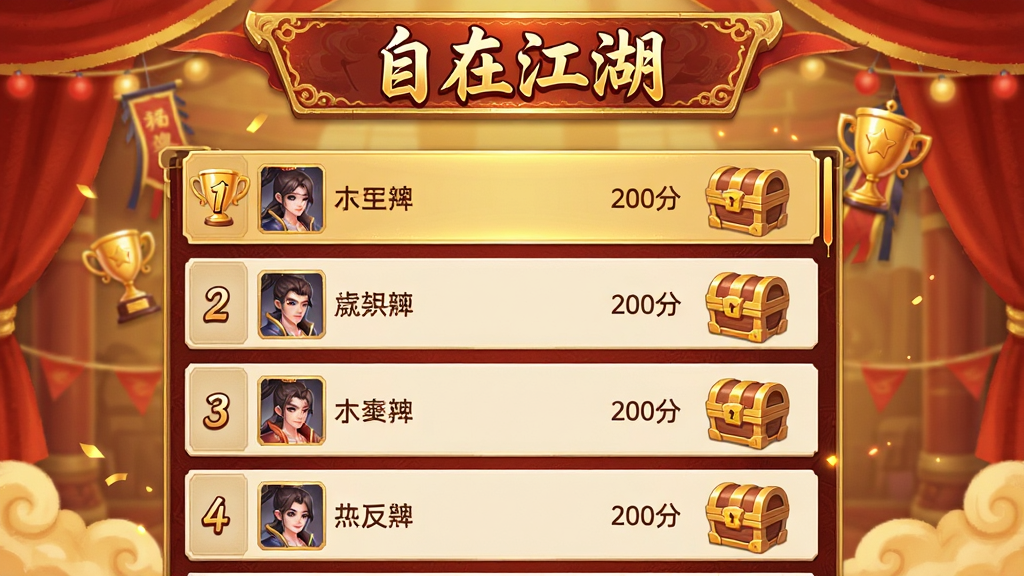 一幅游戏活动排行榜界面示意图,画面展示一个竖向的排行榜列表,顶部有