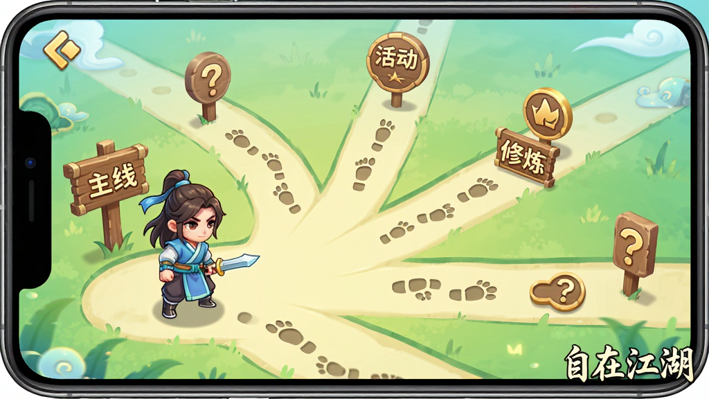 一幅手机游戏新手引导界面示意图,画面展示一个武侠角色站在起点,前方有多条路径分别标注