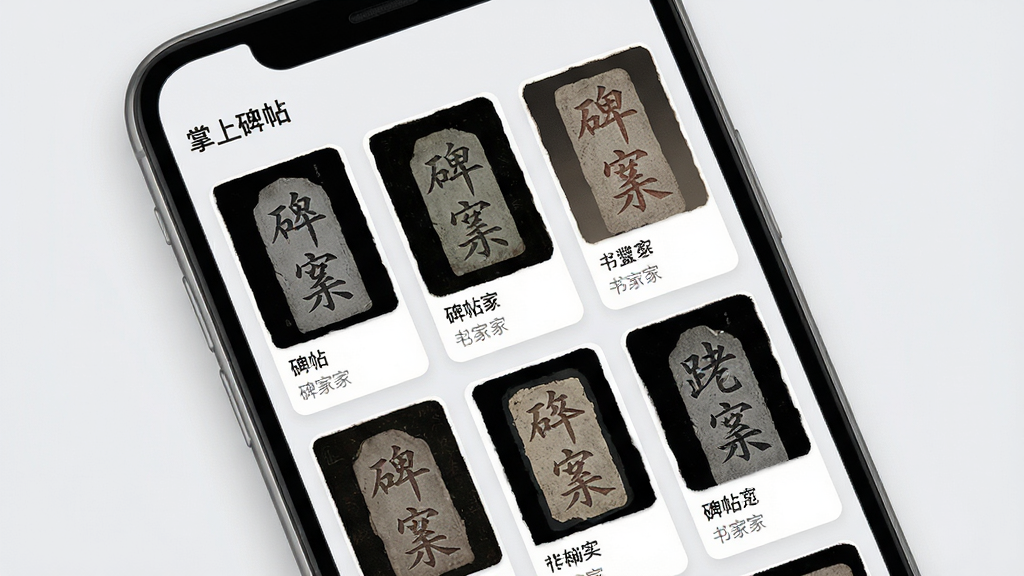 掌上碑帖软件内的碑帖资源库界面,画面主体为手机屏幕,屏幕中显示多个碑帖封面缩略图排列成网格状,每张缩略图下方标注碑帖名称与书家,背景为淡灰色,风格为简洁现代卡片式布局,细节包含“掌上碑帖”文字标识,画质清晰,干净,无多余元素