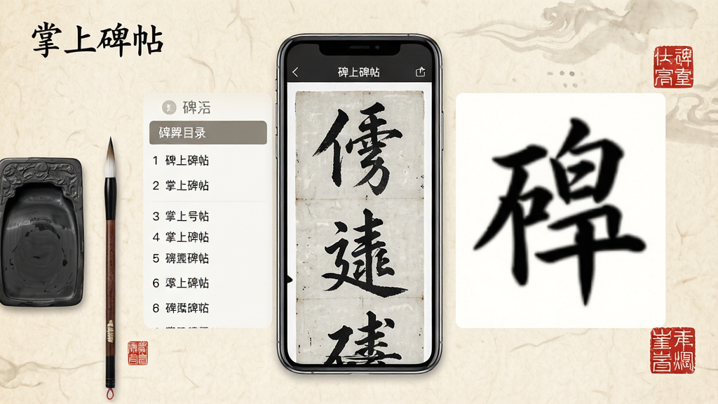 一款名为“掌上碑帖”的手机应用界面展示,画面中央是一部竖向放置的智能手机,屏幕内显示高清书法碑帖局部,左侧为碑帖目录列表,右侧为单字放大展示区,背景为浅米色仿古宣纸纹理,整体布局为居中产品展示图,排版整洁,风格为中国传统水墨与现代UI结合,细节包含毛笔、砚台、印章元素点缀,画质清晰,干净,无多余元素