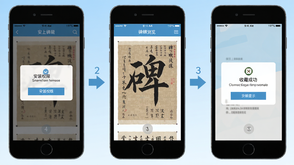 掌上碑帖移动端使用步骤示意图,画面为三部手机并排展示,第一部显示安装权限弹窗,第二部显示碑帖浏览界面,第三部显示收藏成功提示,背景为浅蓝色渐变,风格为扁平化教程插图,细节包含箭头引导与步骤编号,画质清晰,干净,无多余元素